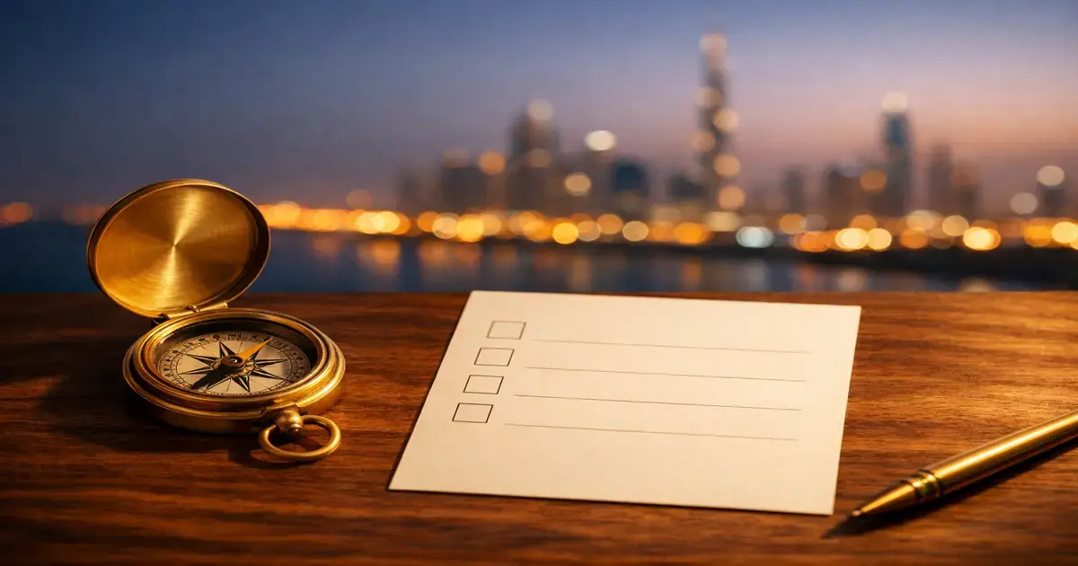 بوصلة نحاسية على مكتب خشبي — أفضل محامي طلاق في دبي